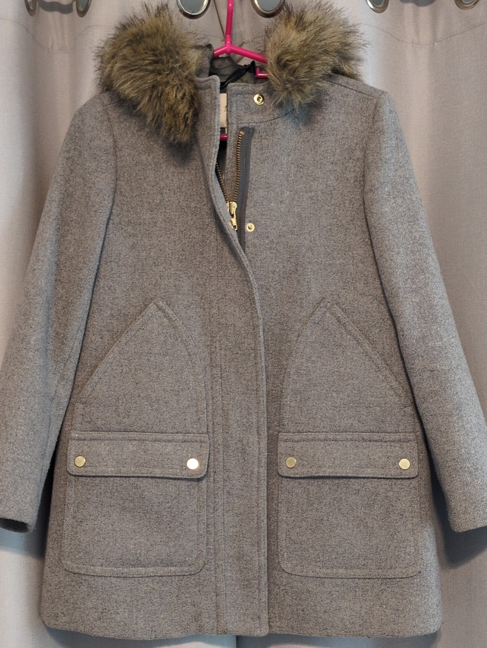J. Crew Gray Wool-Blend Pea Coat with Faux Fur Trim
